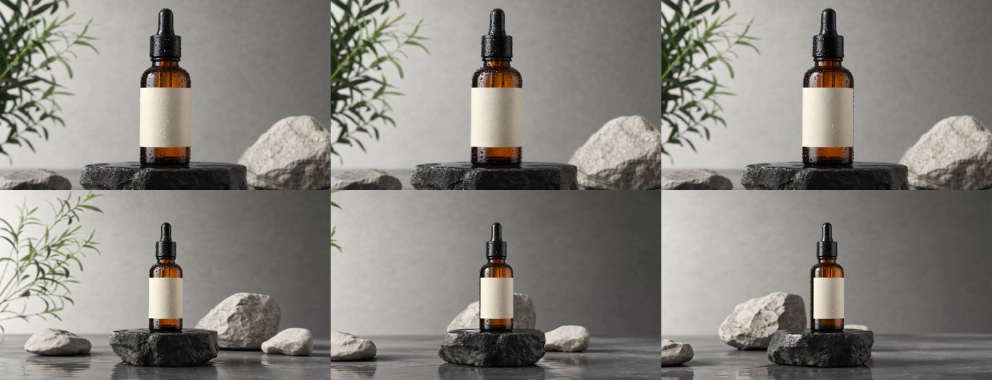 Six-frame comparison of a serum bottle rotation test and a camera orbit test at 0.5, 2.0 and 3.5 seconds