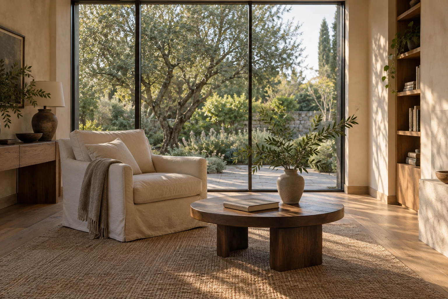 Sunlit reading room with a cream armchair, walnut coffee table and floor-to-ceiling windows facing a leafy garden