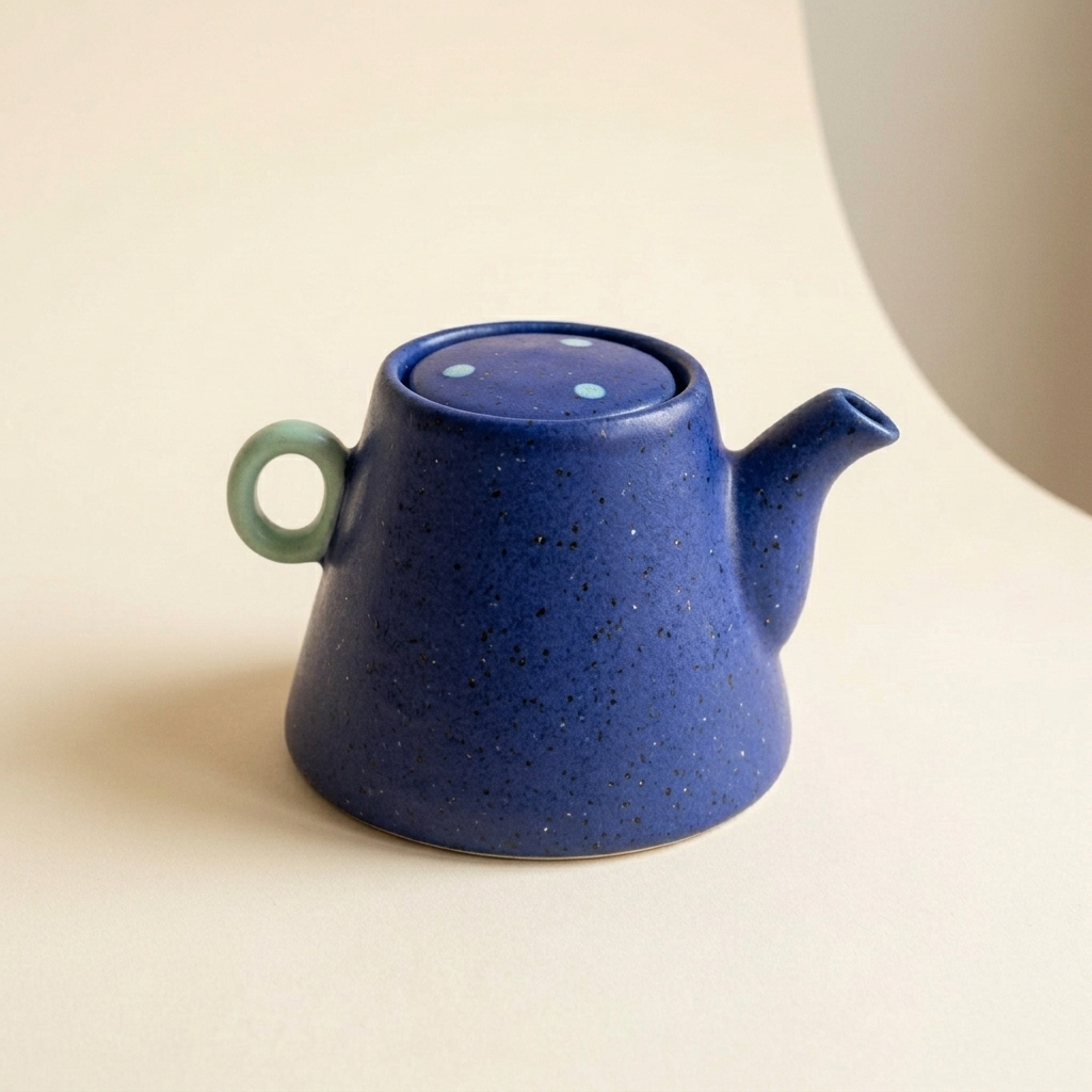 Cobalt blue version of the same teapot, with its mint green handle and ivory background retained