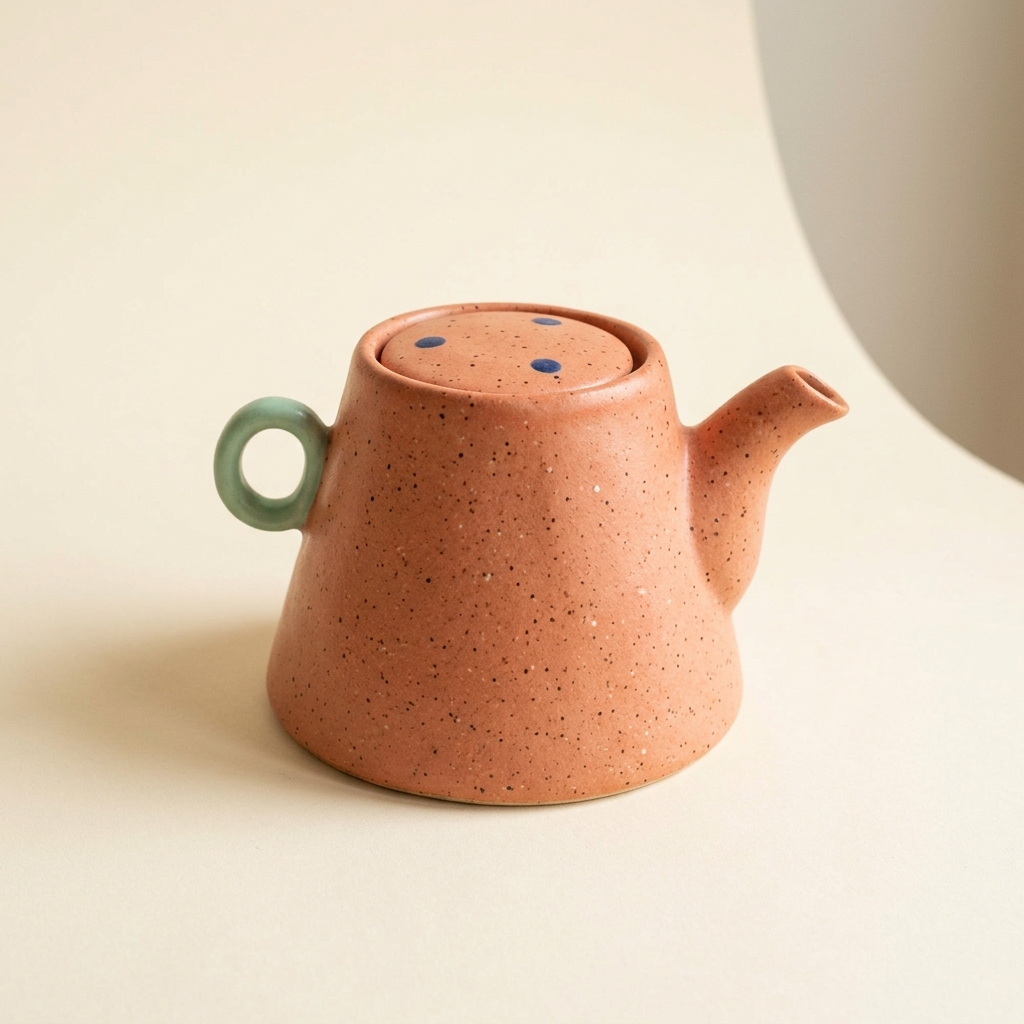 Coral speckled ceramic teapot with a mint green handle on a warm ivory background, generated with Nano Banana 2.1