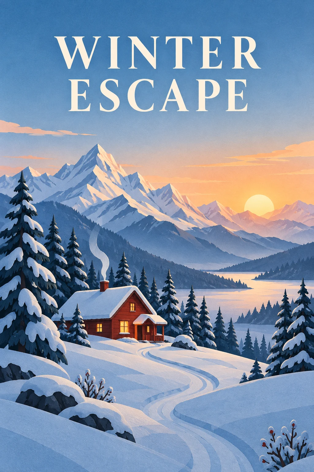 Winter travel poster with the headline WINTER ESCAPE above a red cabin, snowy mountains and a winding path at sunrise