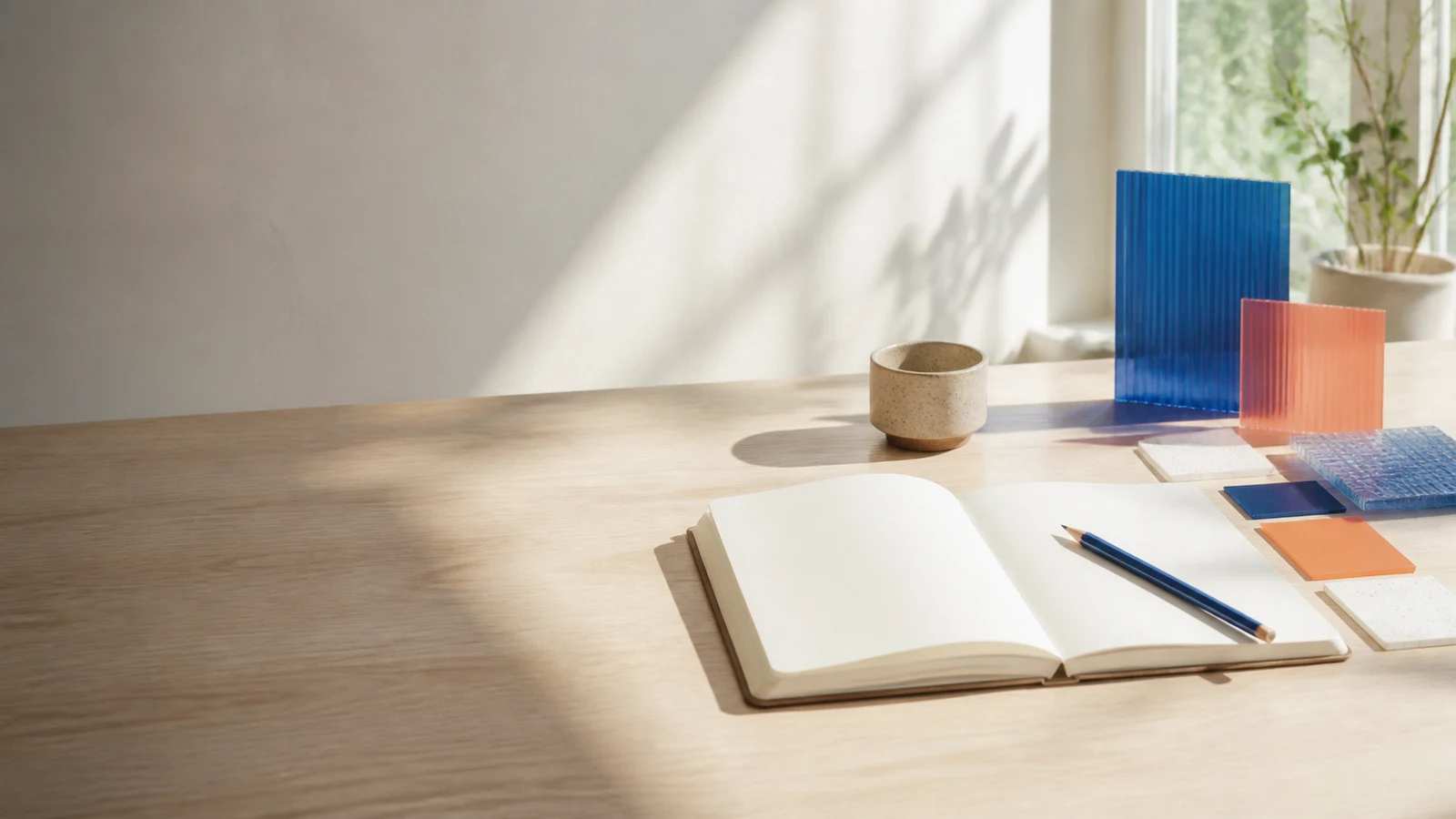 Blog-Header-Prompt-Beispiel mit leerem Notizbuch und Textfläche links