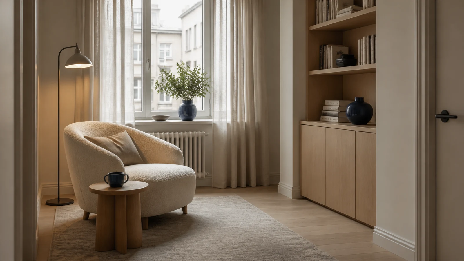 Interior-KI-Prompt-Beispiel für ein kompaktes skandinavisches Lesezimmer