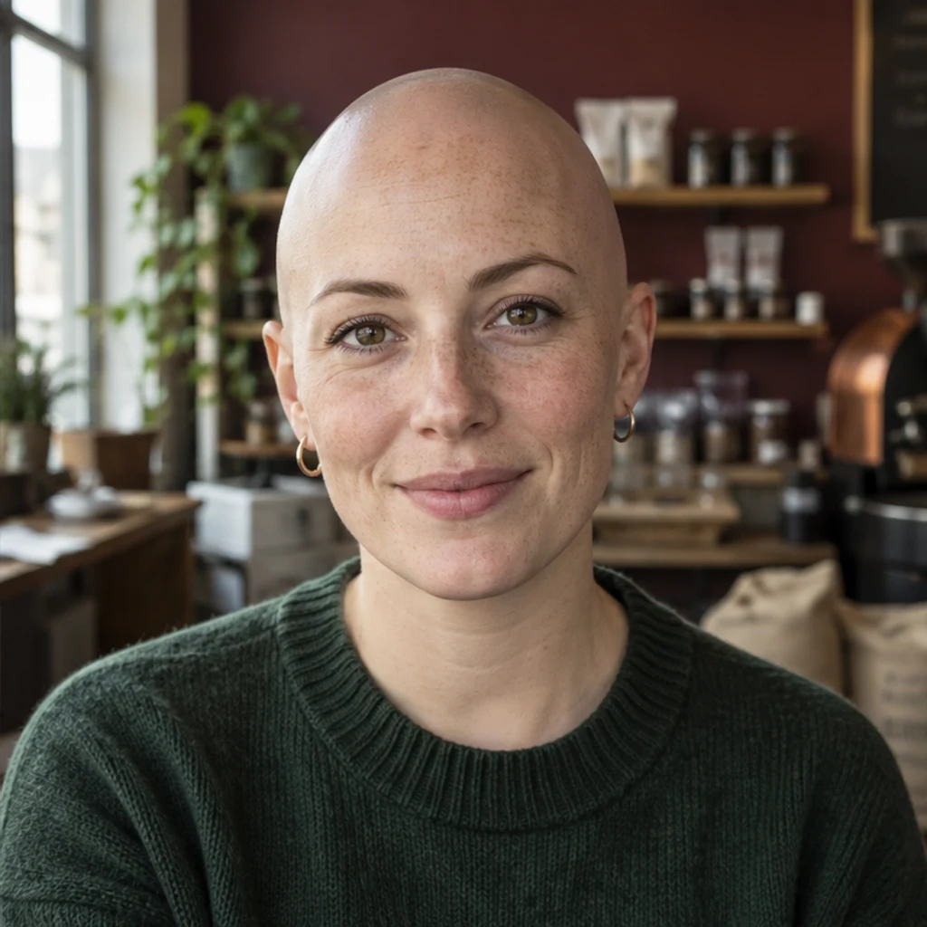 Cafe portrait · auburn waves · Bald preview
