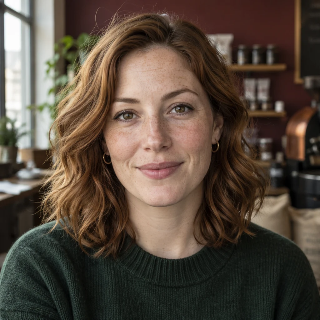 Cafe portrait · auburn waves · With hair