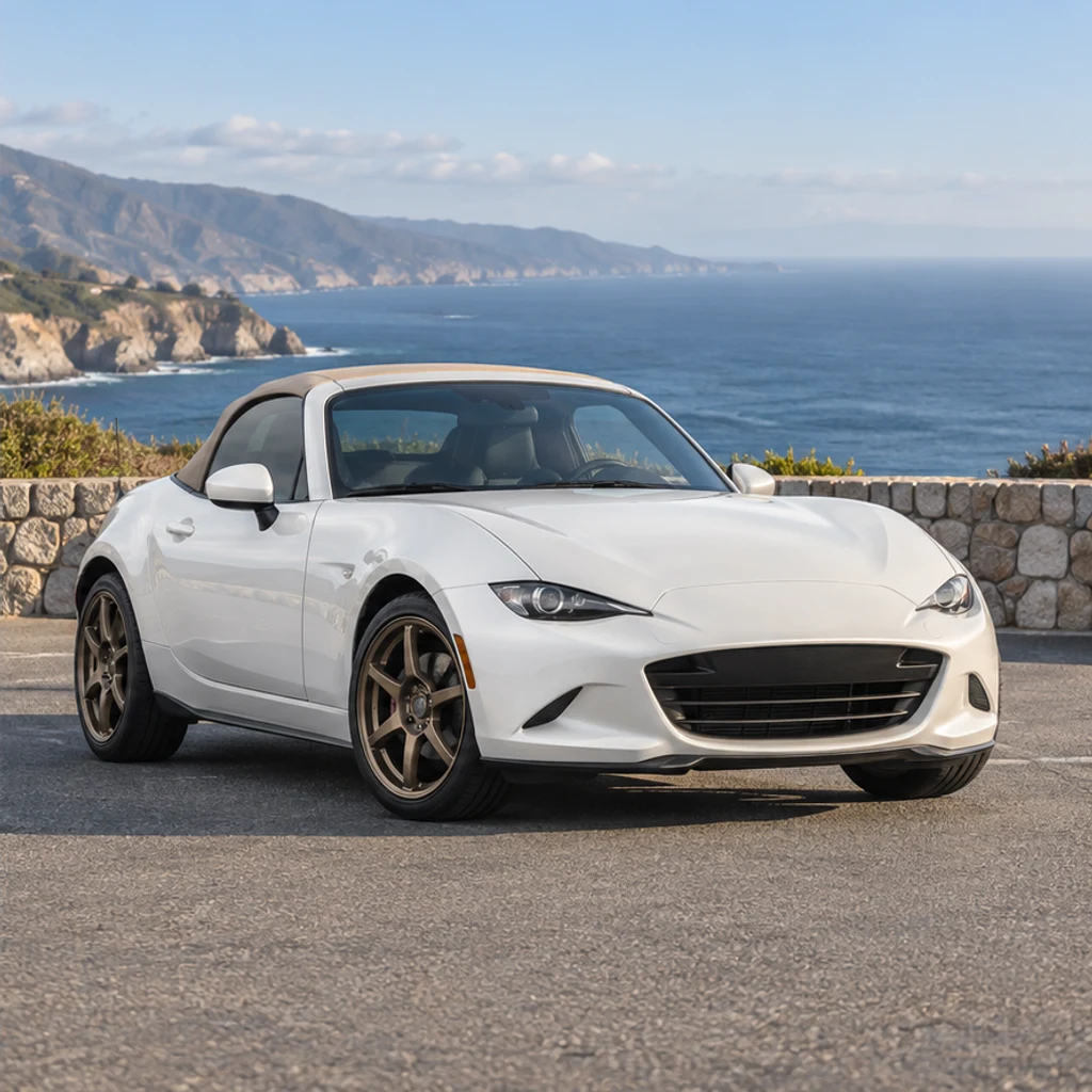 White convertible · coastal overlook · Edited-scene illustration
