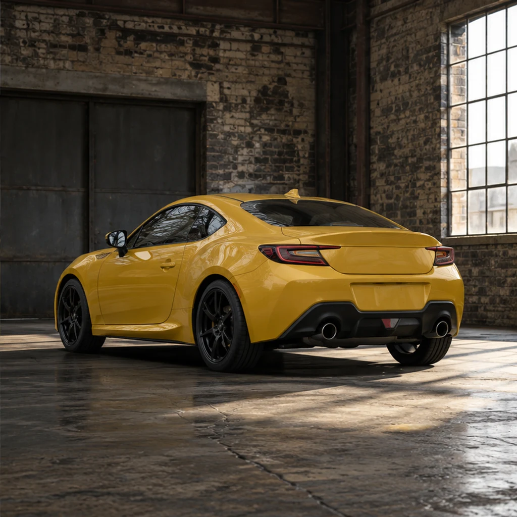 Yellow coupe · industrial garage · Edited-scene illustration