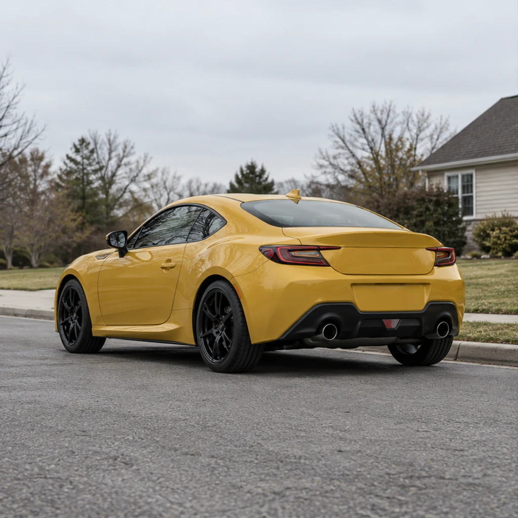 Yellow coupe · industrial garage · Original-scene illustration