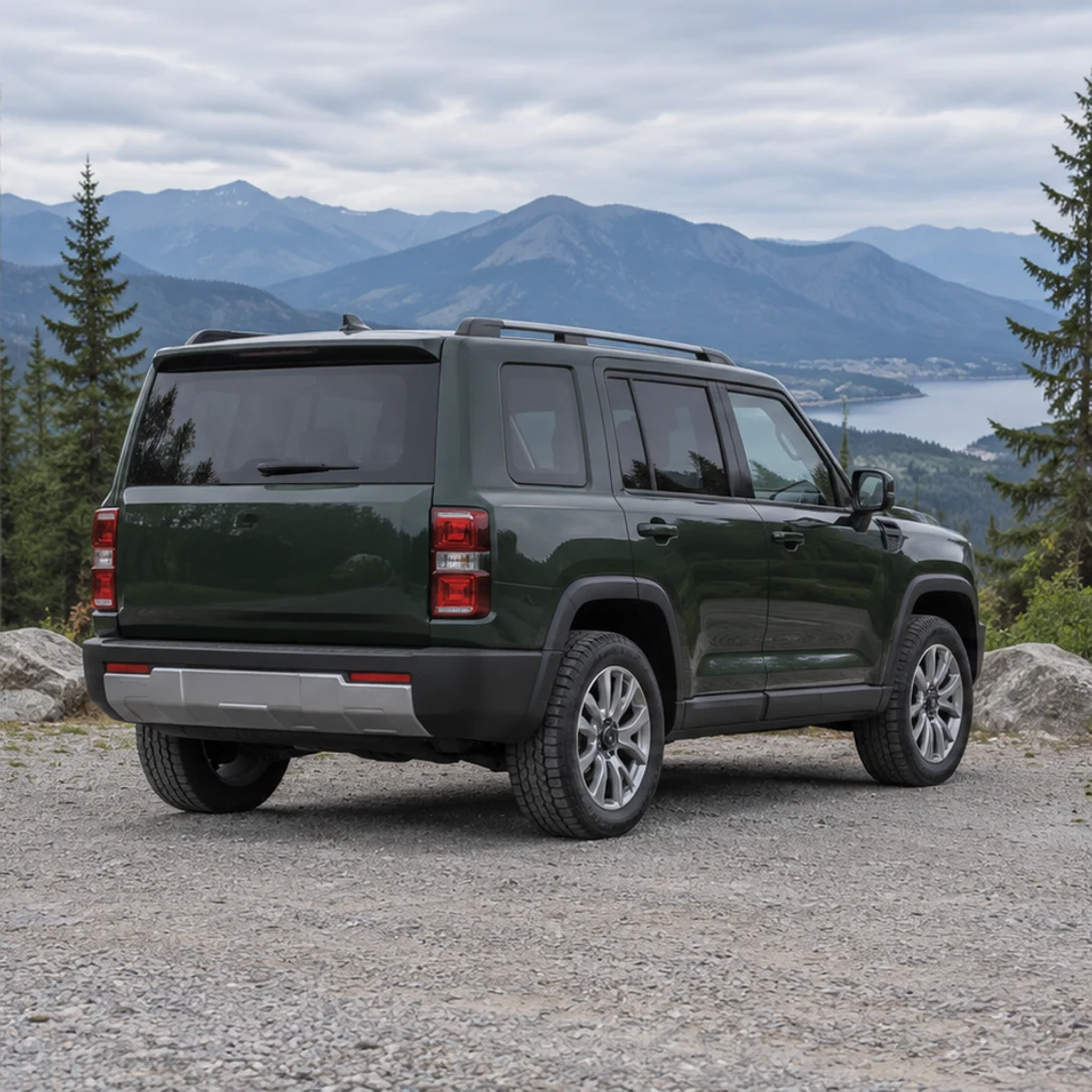Green SUV · mountain viewpoint · Edited-scene illustration