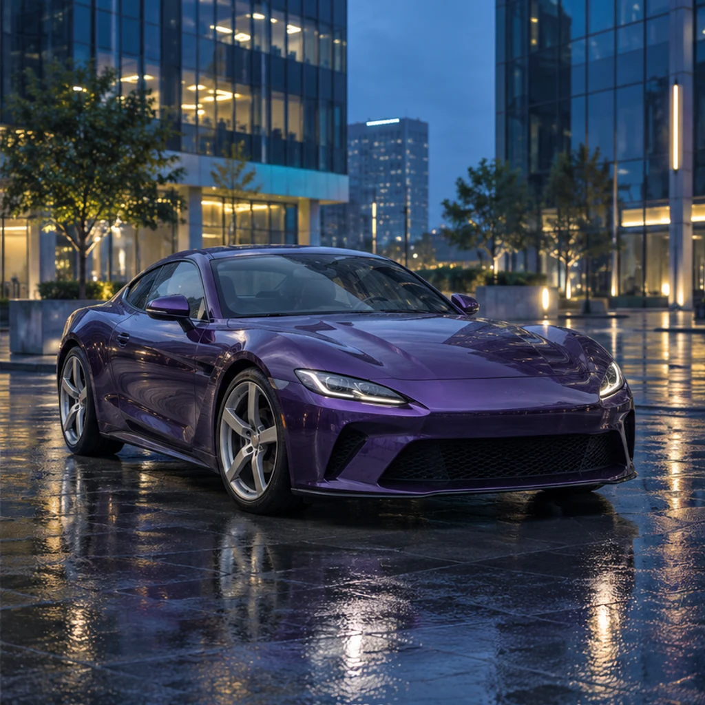Violet coupe · rainy city · Edited-scene illustration