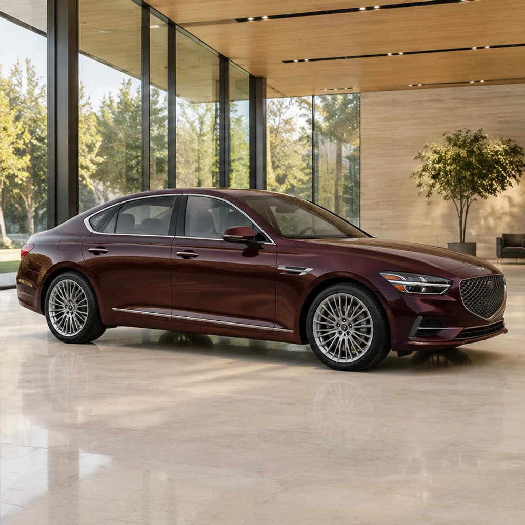 Burgundy sedan · glass showroom · Edited-scene illustration