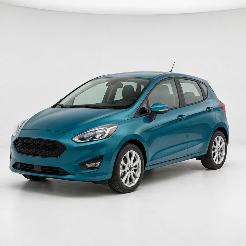 Teal hatchback · clean studio · Edited-scene illustration