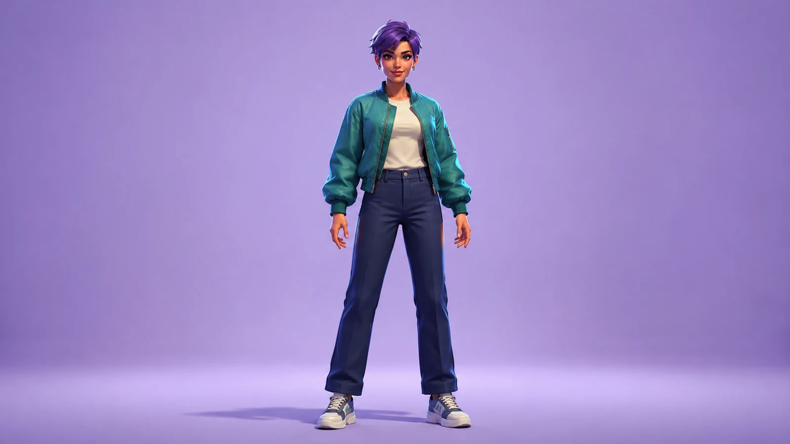 Full-body stylized character with violet hair and a teal jacket