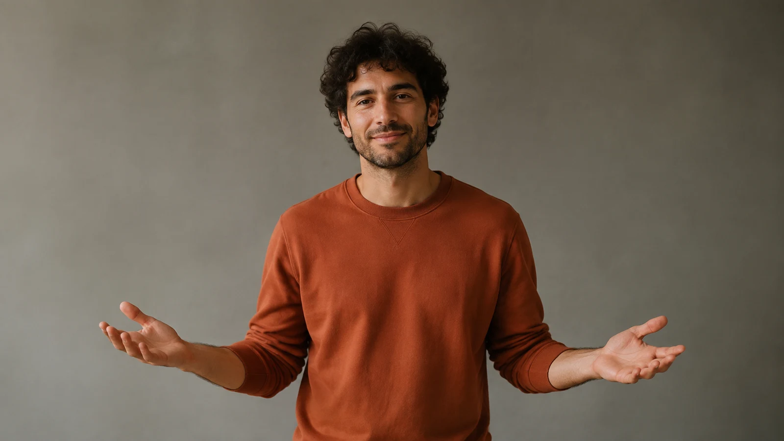 Waist-up portrait of a curly-haired man in a terracotta sweatshirt