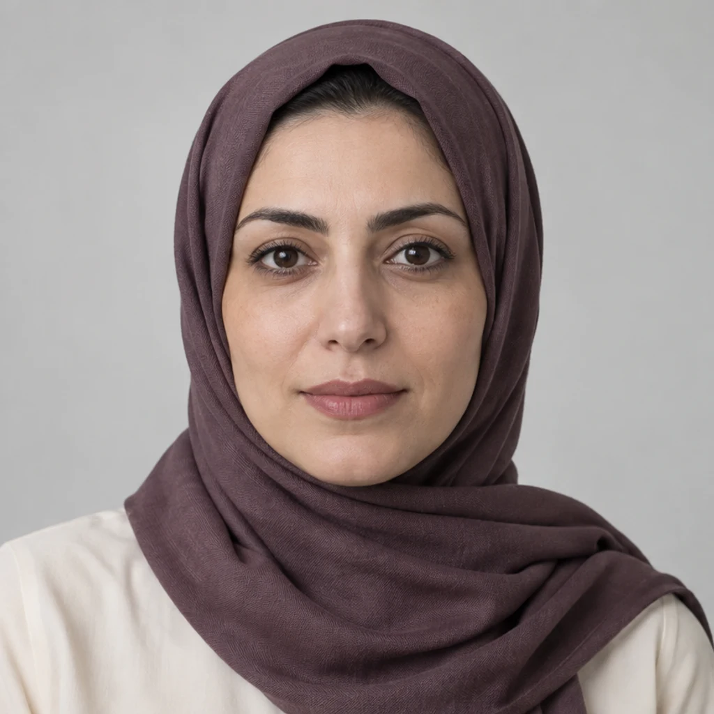 Studio portrait · warm smile · Neutral-expression illustration