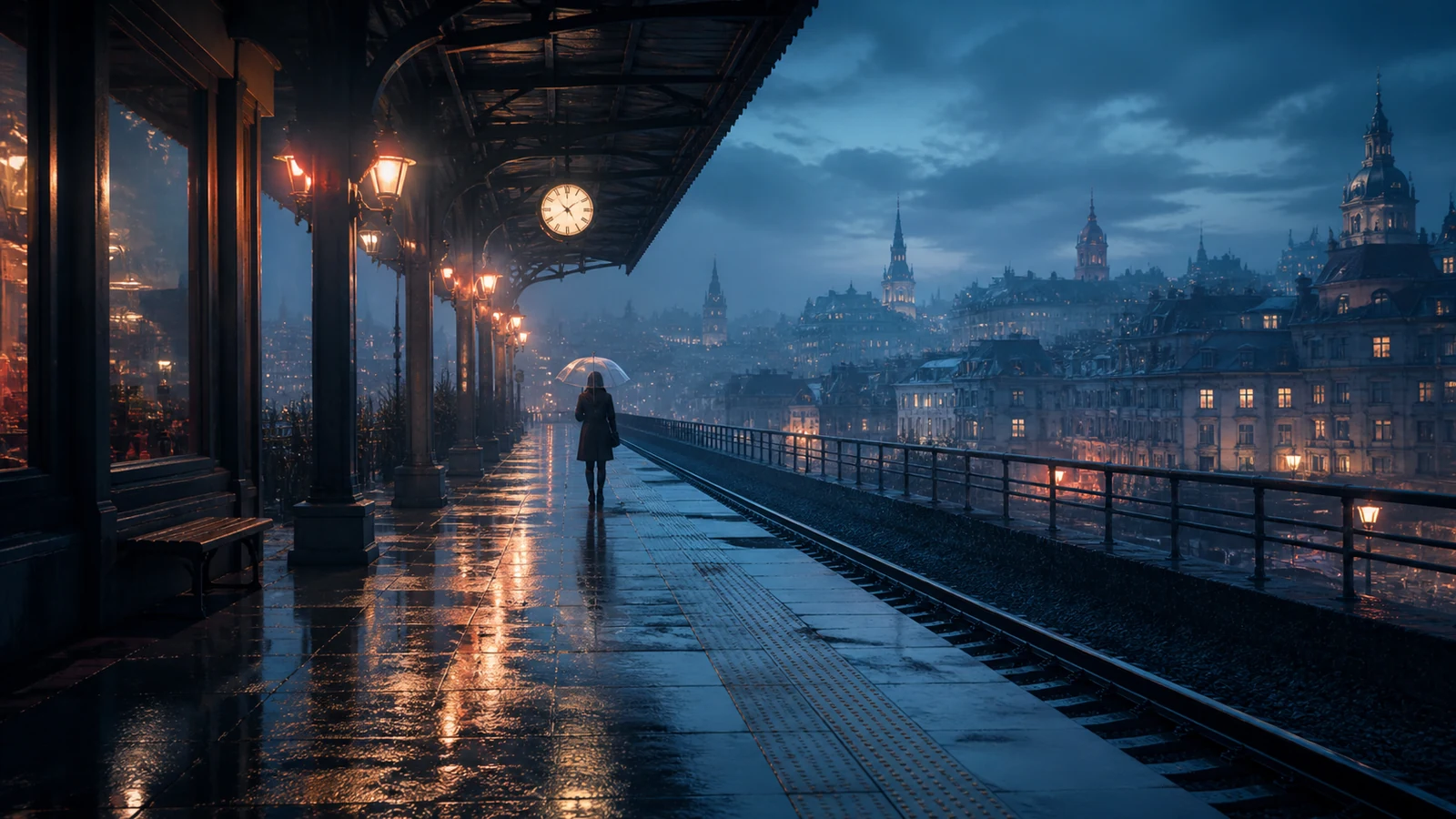 Cinematisches KI-Prompt-Beispiel eines regnerischen Hochbahnhofs