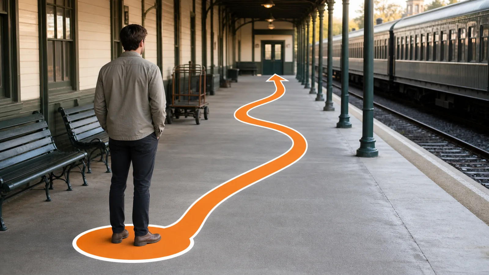 Actor walking route for scene blocking on a train platform