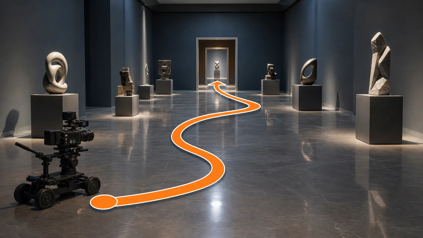 Camera dolly motion path through a museum gallery