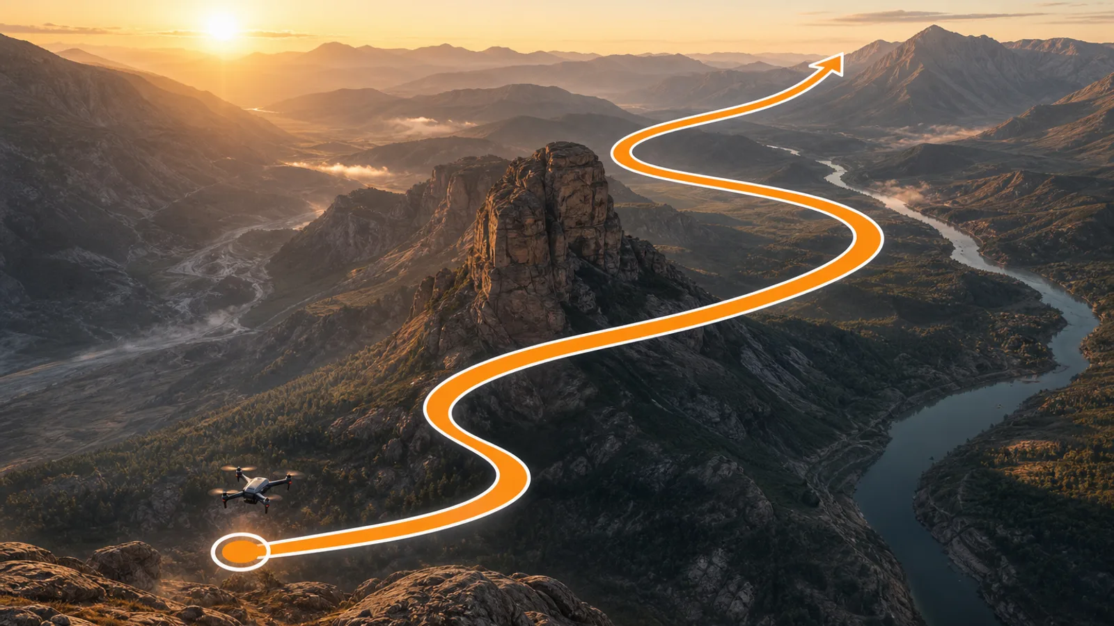 Drone flight path over a mountain valley