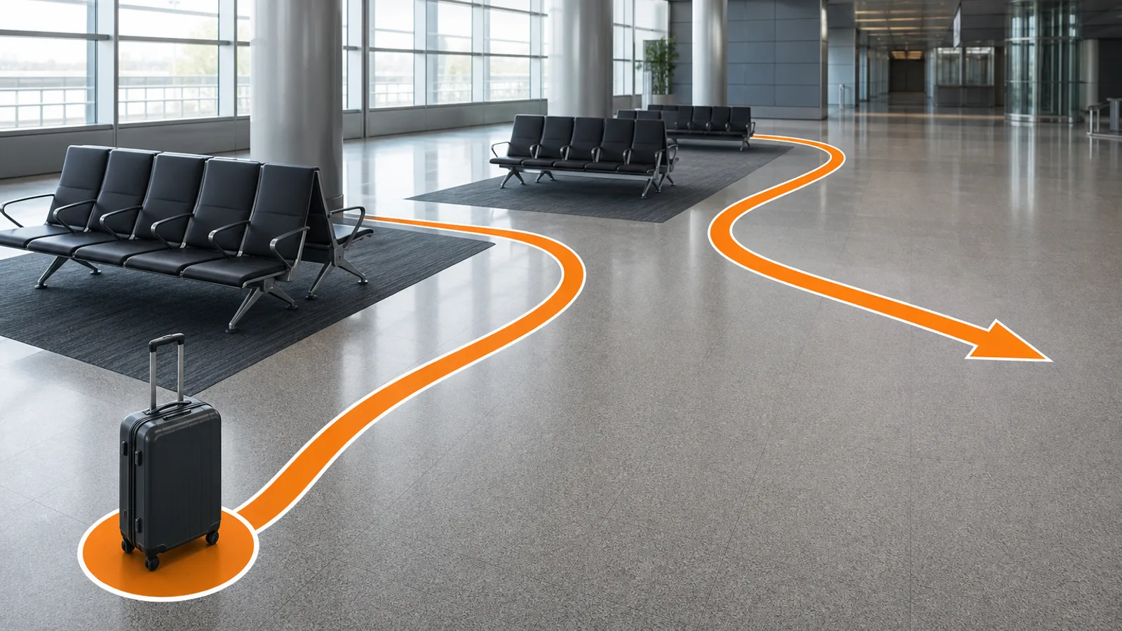 Object movement path through an empty airport concourse