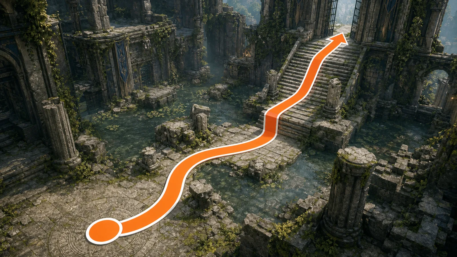Game environment navigation route through ancient ruins
