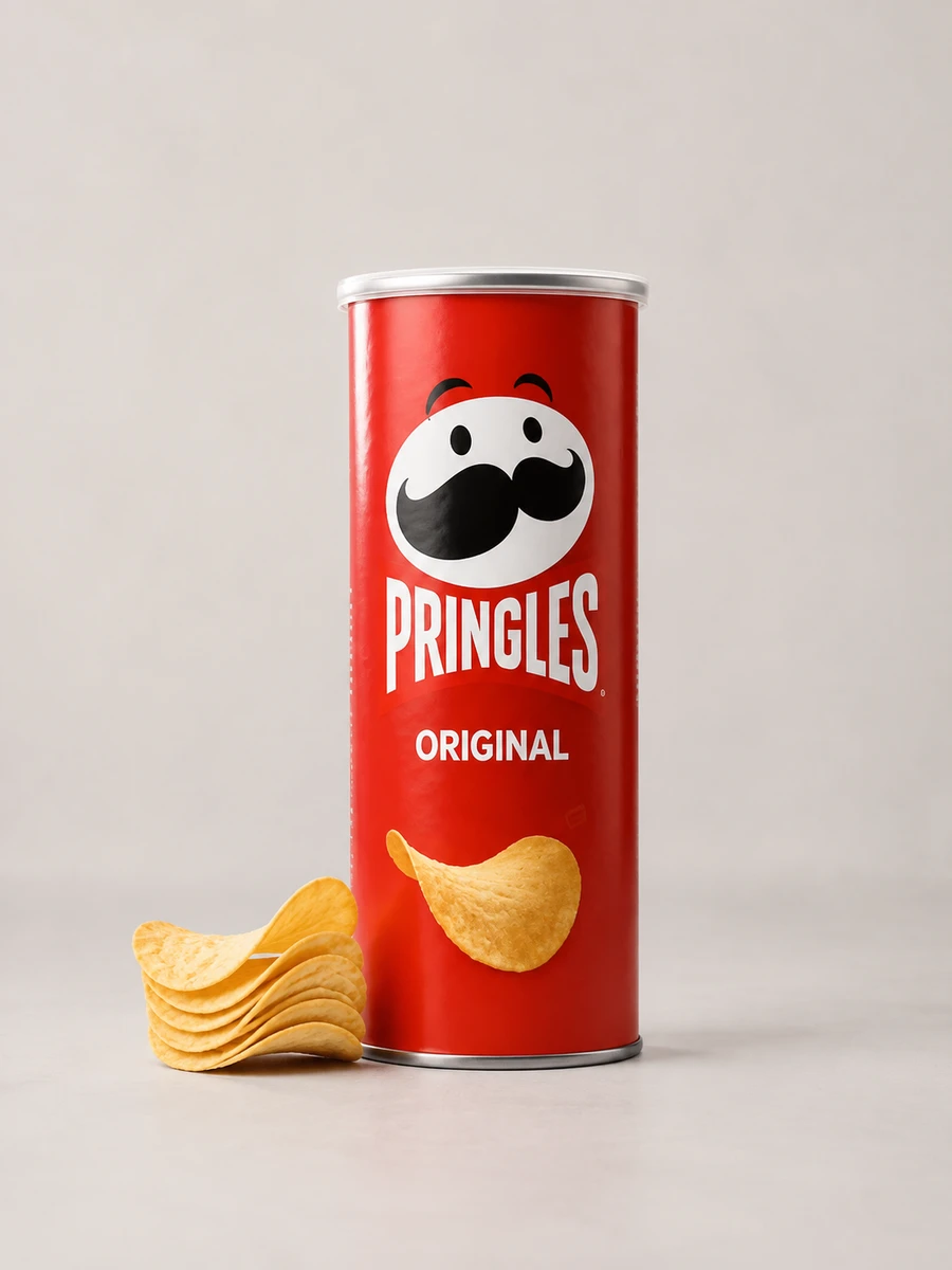 Recreated red Pringles Original can with a small stack of chips on a light studio background