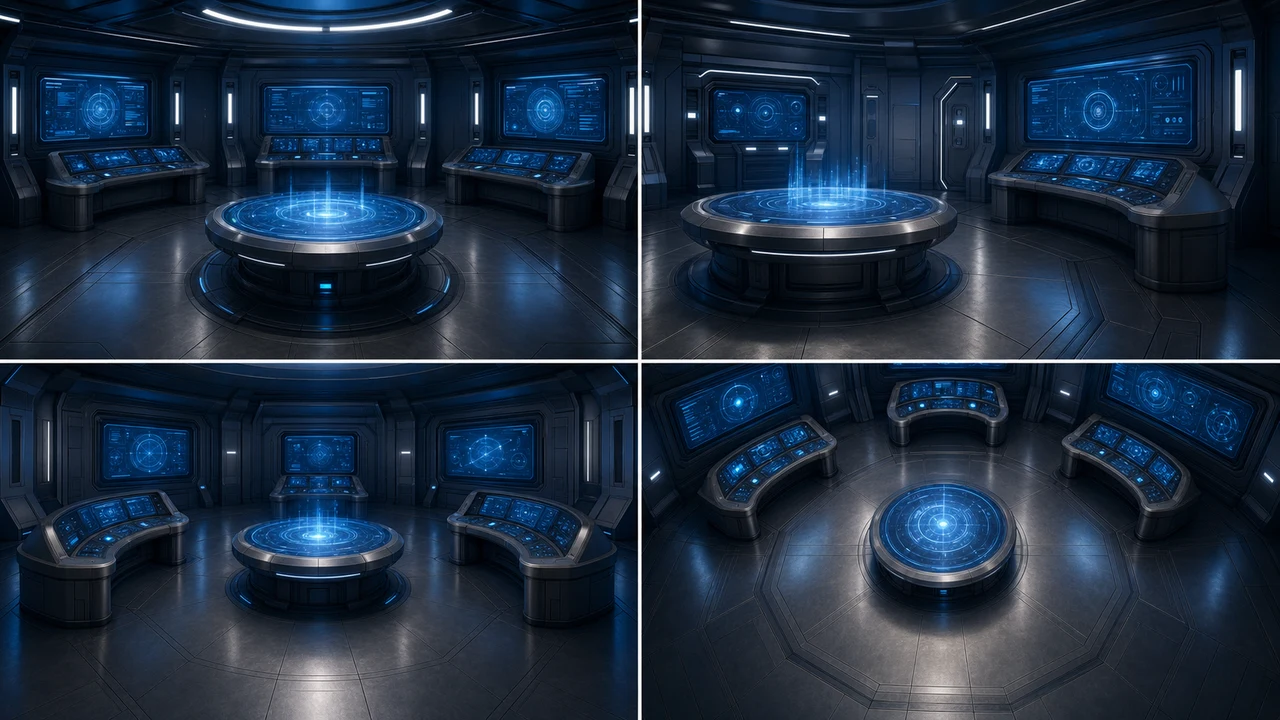 Multi-Angle-Szenenreferenzen eines Sci-Fi-Kontrollraums