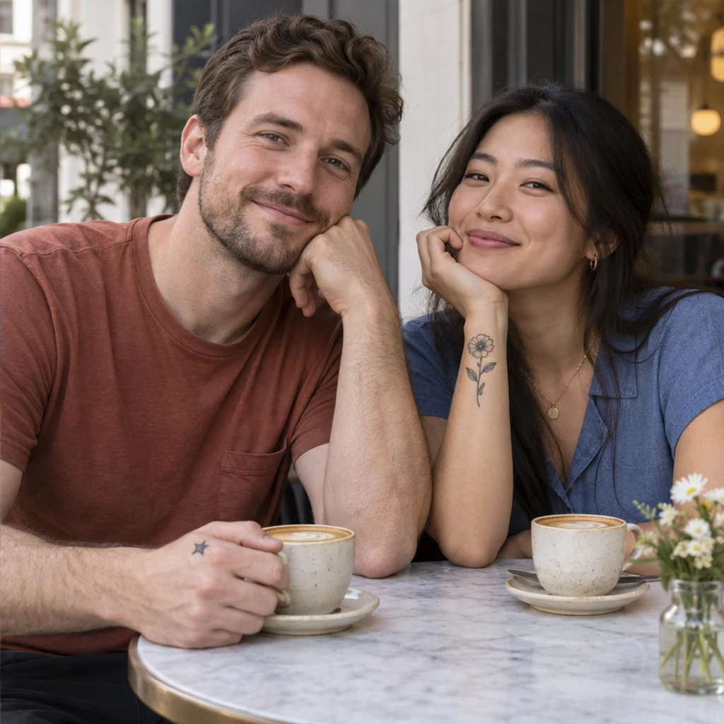 Grupo no café · só um desenho · Prévia sem tatuagem