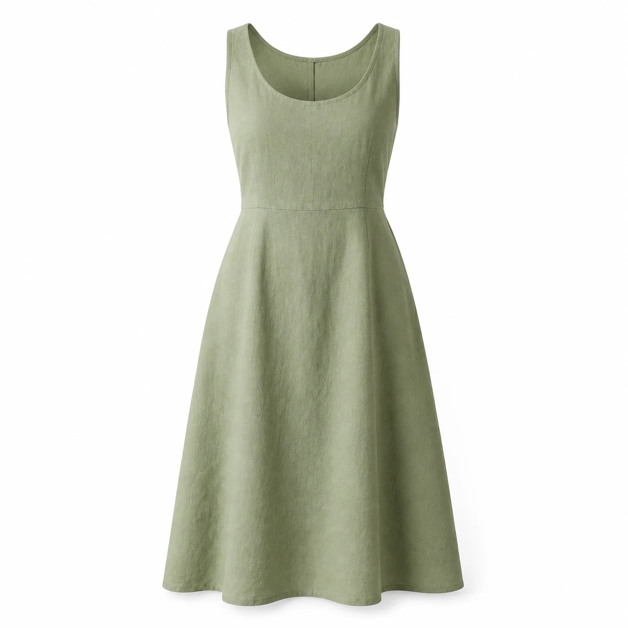 Sage dress with the form and stand removed, showing an empty neckline
