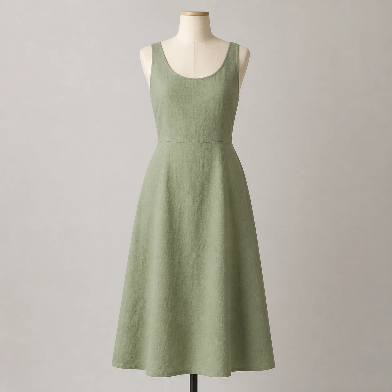 Sage linen dress on a cream dress form with a visible stand