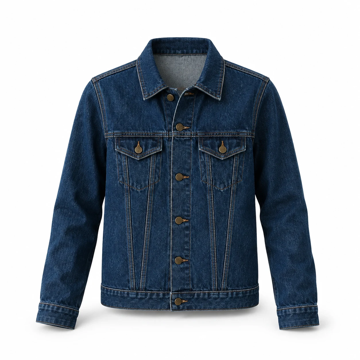 Indigo denim jacket with the hanger removed and a hollow neckline