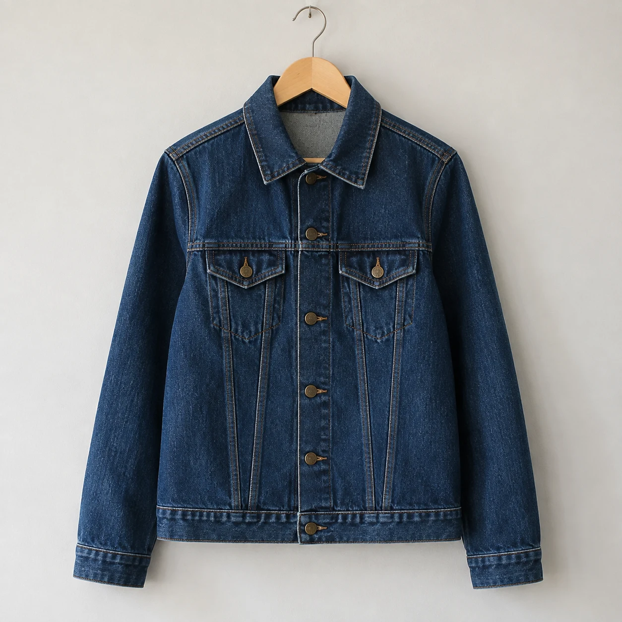 Indigo denim jacket on a wooden hanger