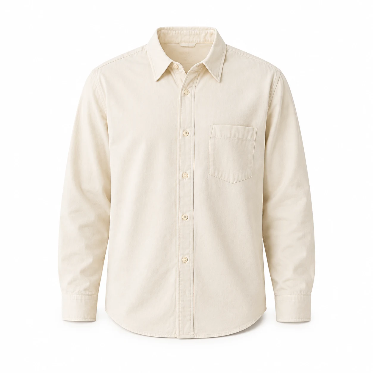 Ivory shirt with a hollow collar and rounded shoulders on white