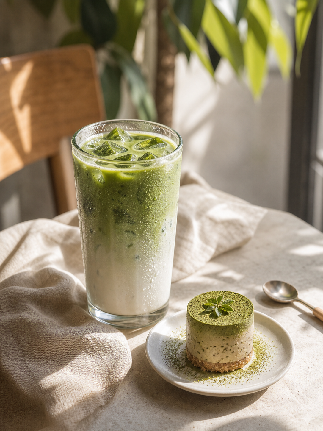 Originales Bild mit Matcha-Getränk und Dessert für ein Food-Beispiel aus Bild-zu-Video-KI