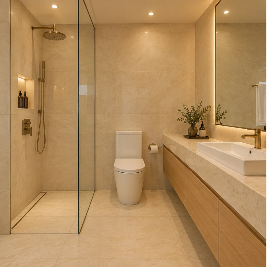 Piedra oscura y nogal · Baño original
