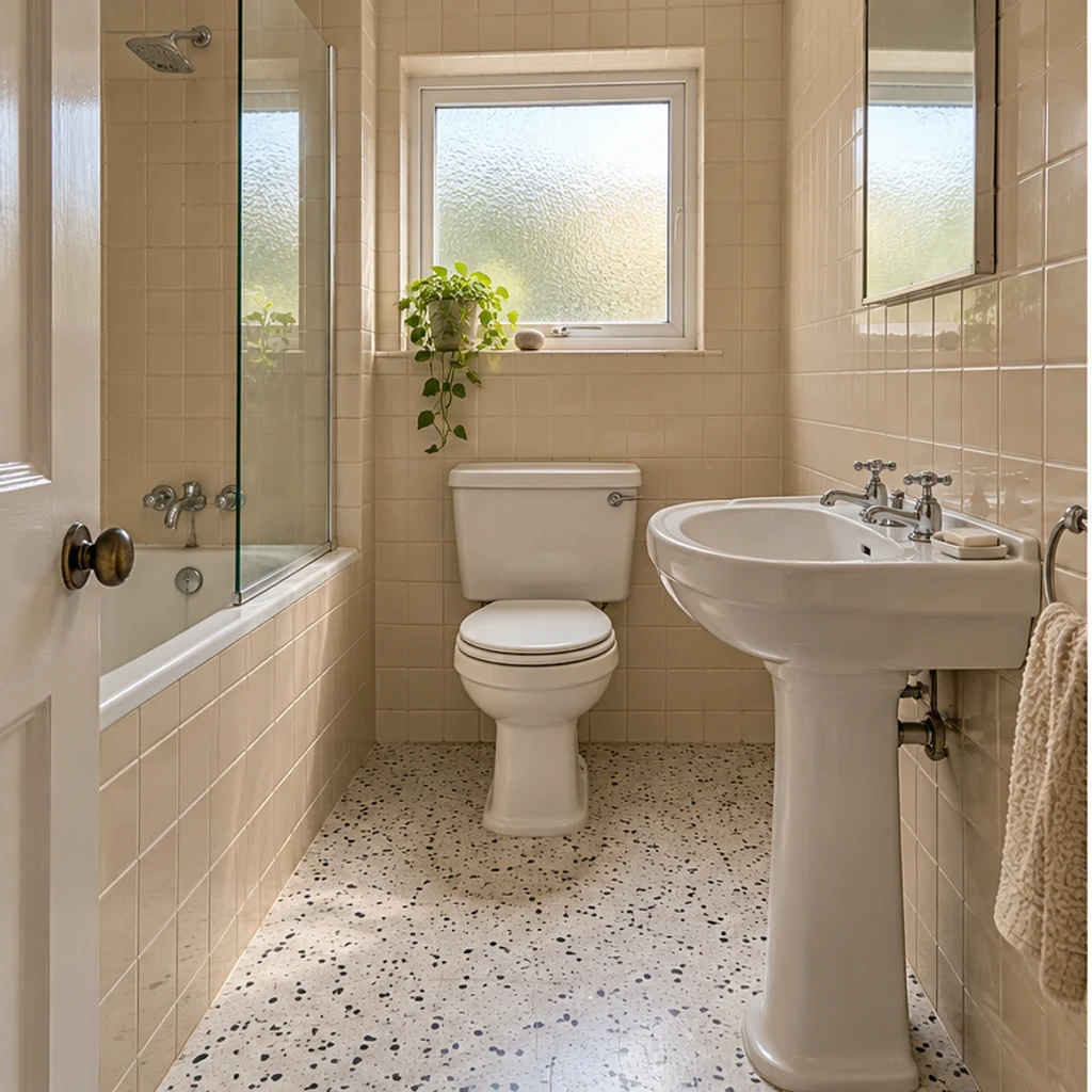 Retro rosa y burdeos · Baño original