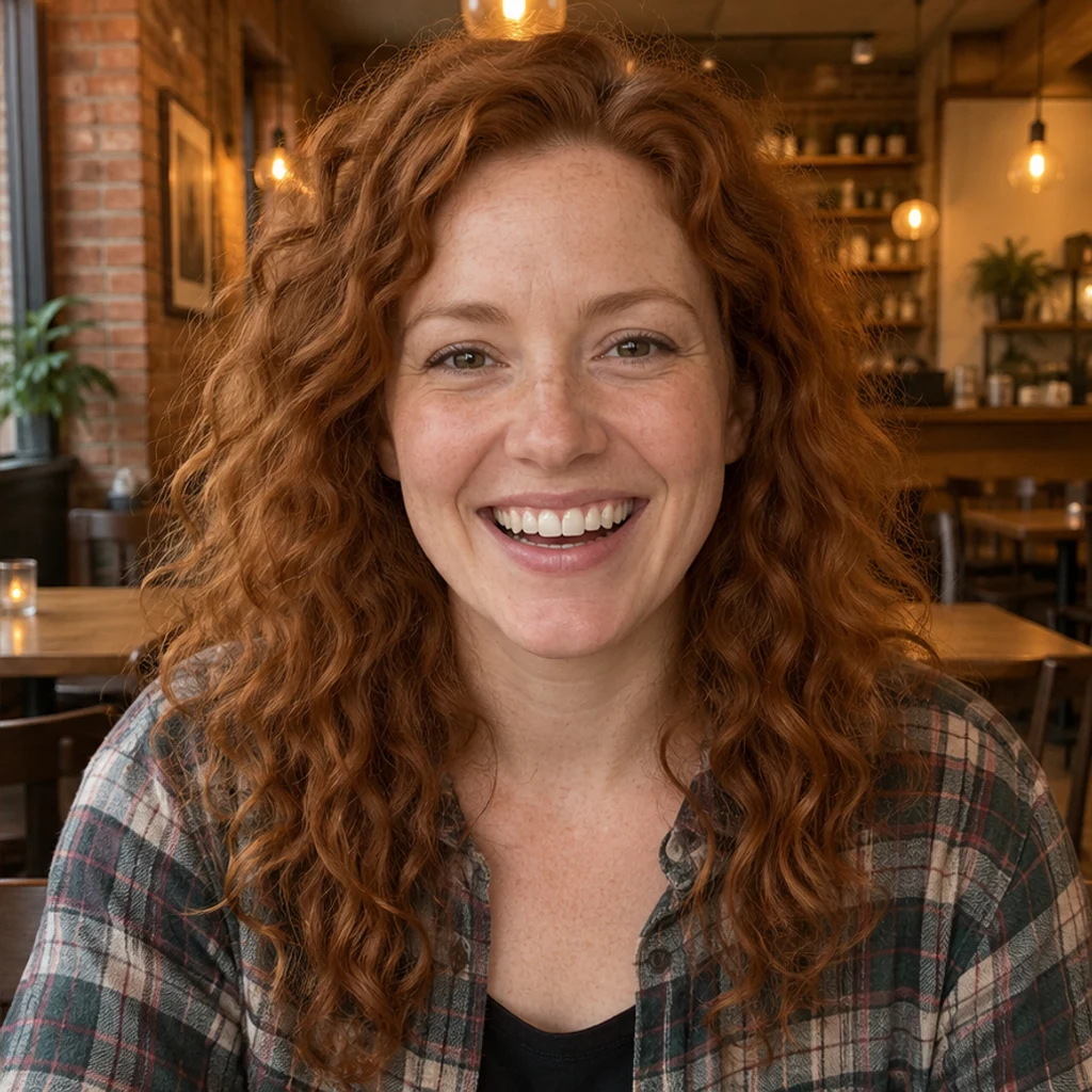 Cafe portrait · joyful laugh · Changed-expression illustration