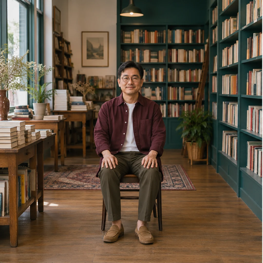 Bookshop portrait: standing · Original-pose illustration