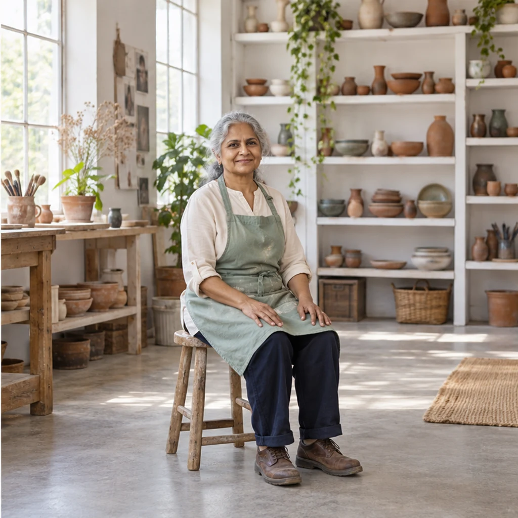 Pottery studio: seated · New-pose illustration