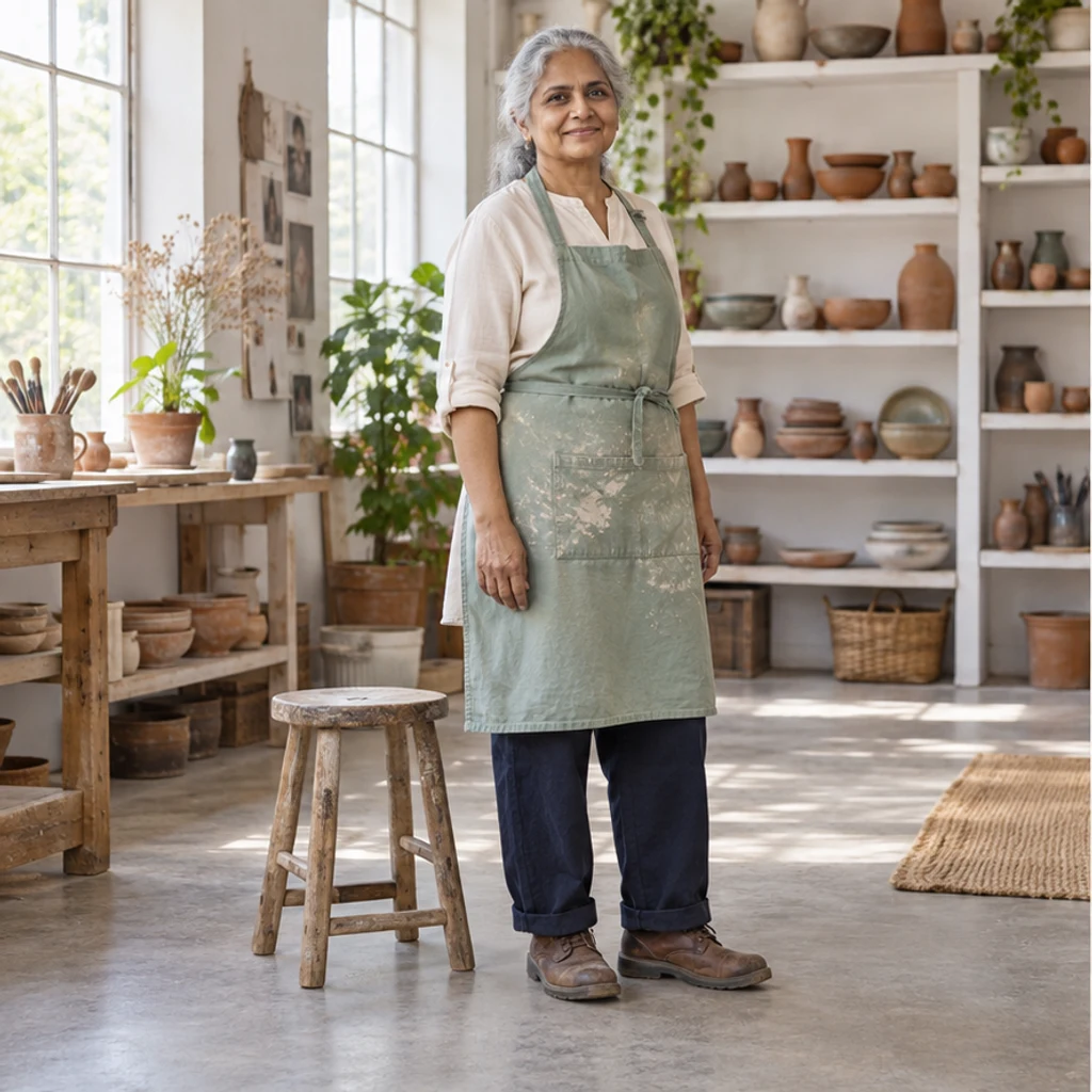 Pottery studio: seated · Original-pose illustration