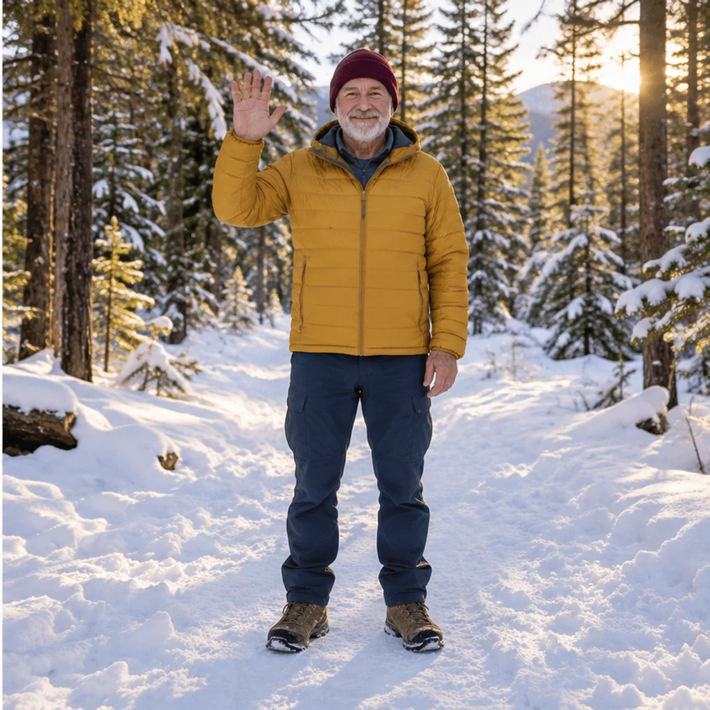 Winter traveler: waving · New-pose illustration